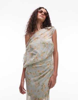 MANGO ONE SHOULD DRAPE FLORAL MIDI DRESS