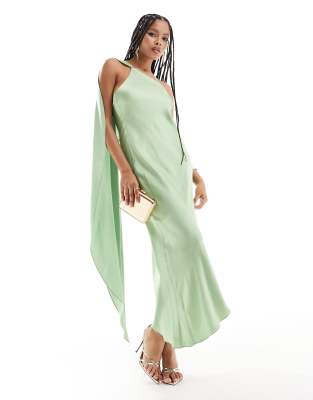 Mango One Shoulder Drape Satin Midi Dress In Light Green