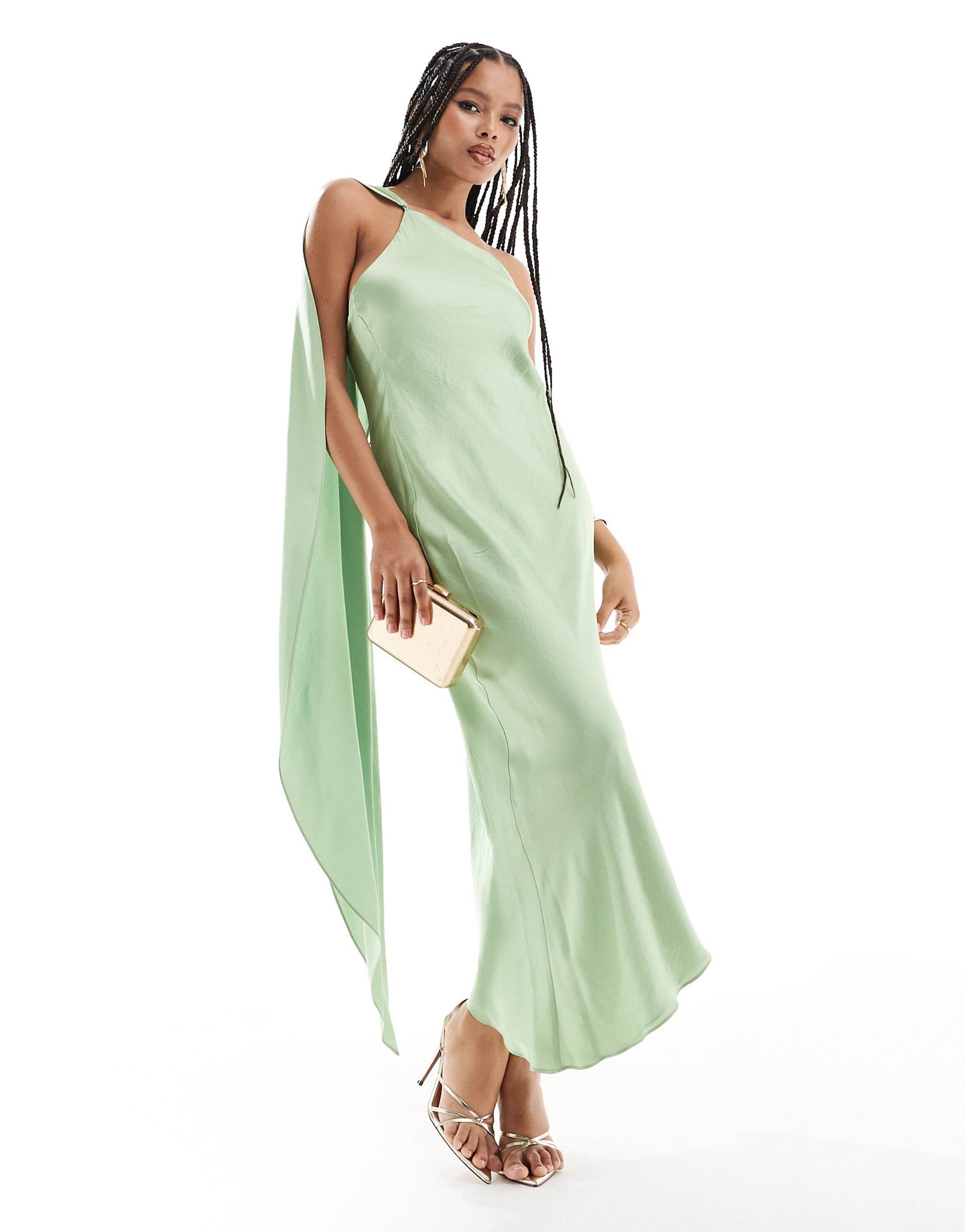 mango one shoulder drape satin midi dress in light green