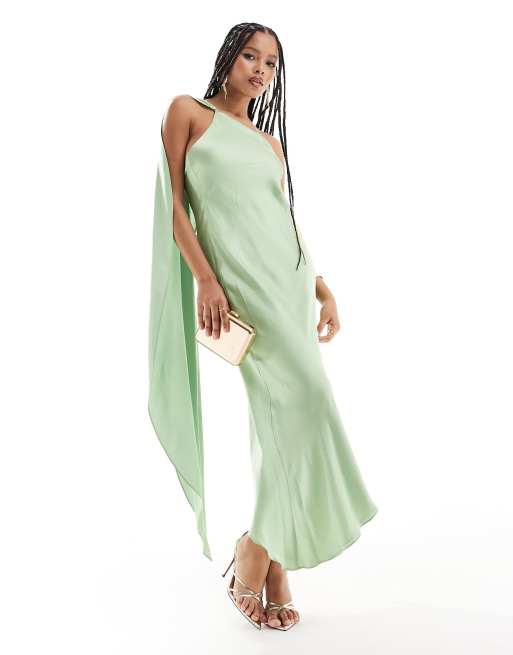 Mango one shoulder drape satin midi dress in light green | ASOS