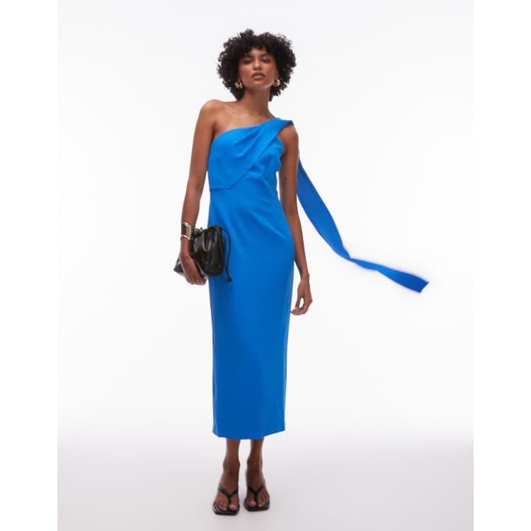 mango blue one shoulder dress Mango One Shoulder Satin Midi Dress in Blue