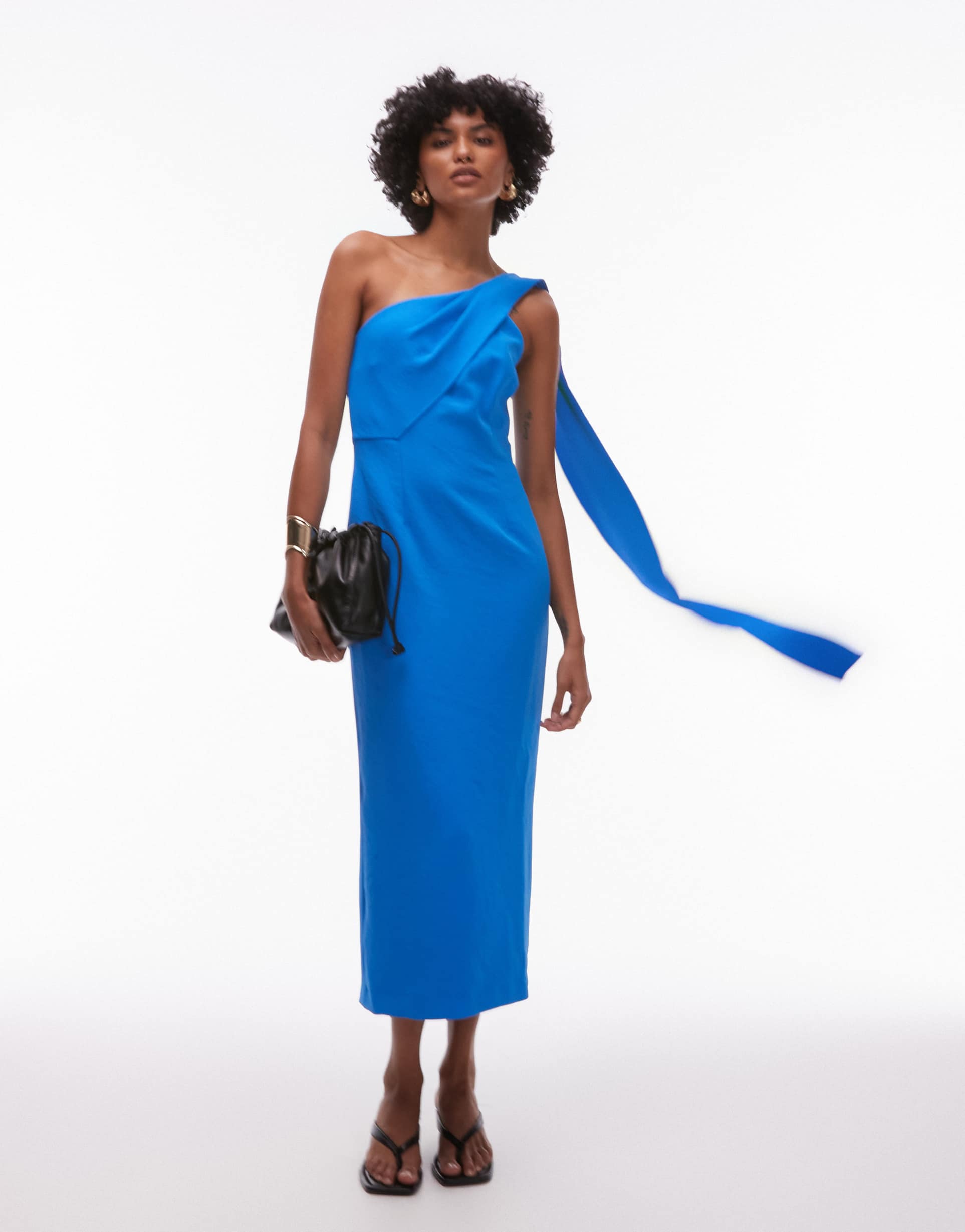 mango one shoulder draped dress in cerulean blue