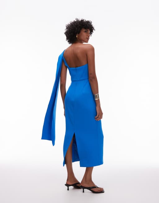 Mango one shoulder draped dress in cerulean blue