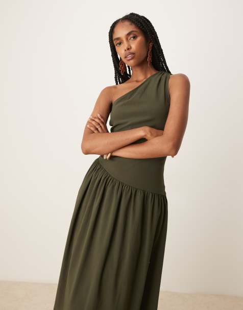 Mango one shoulder drop waist maxi dress with soft bubble hem in khaki - view 1