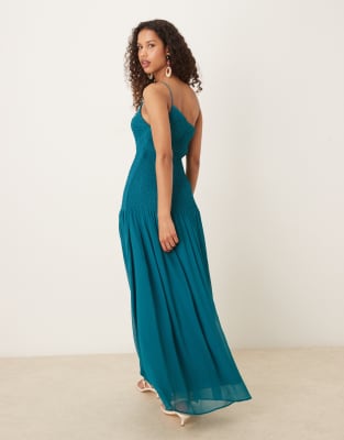 Mango Asymmetric Smocked One-shoulder Midi Dress In Blue