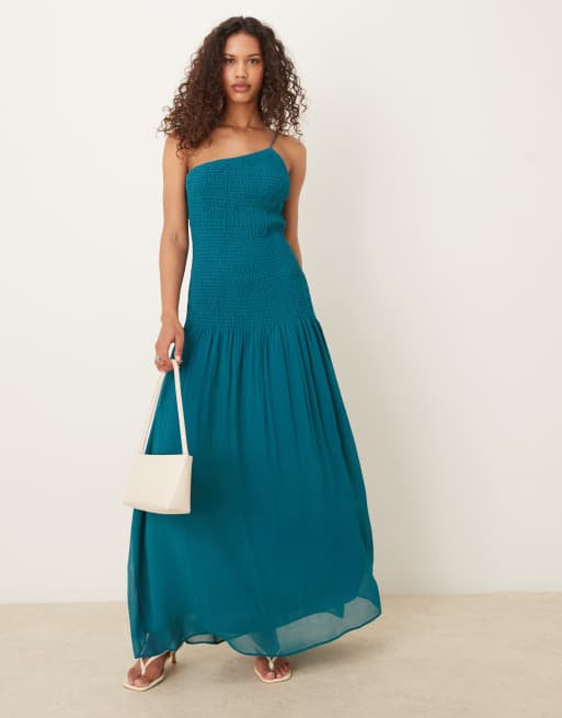 Mango one shoulder dropped wasit maxi dress in blue 