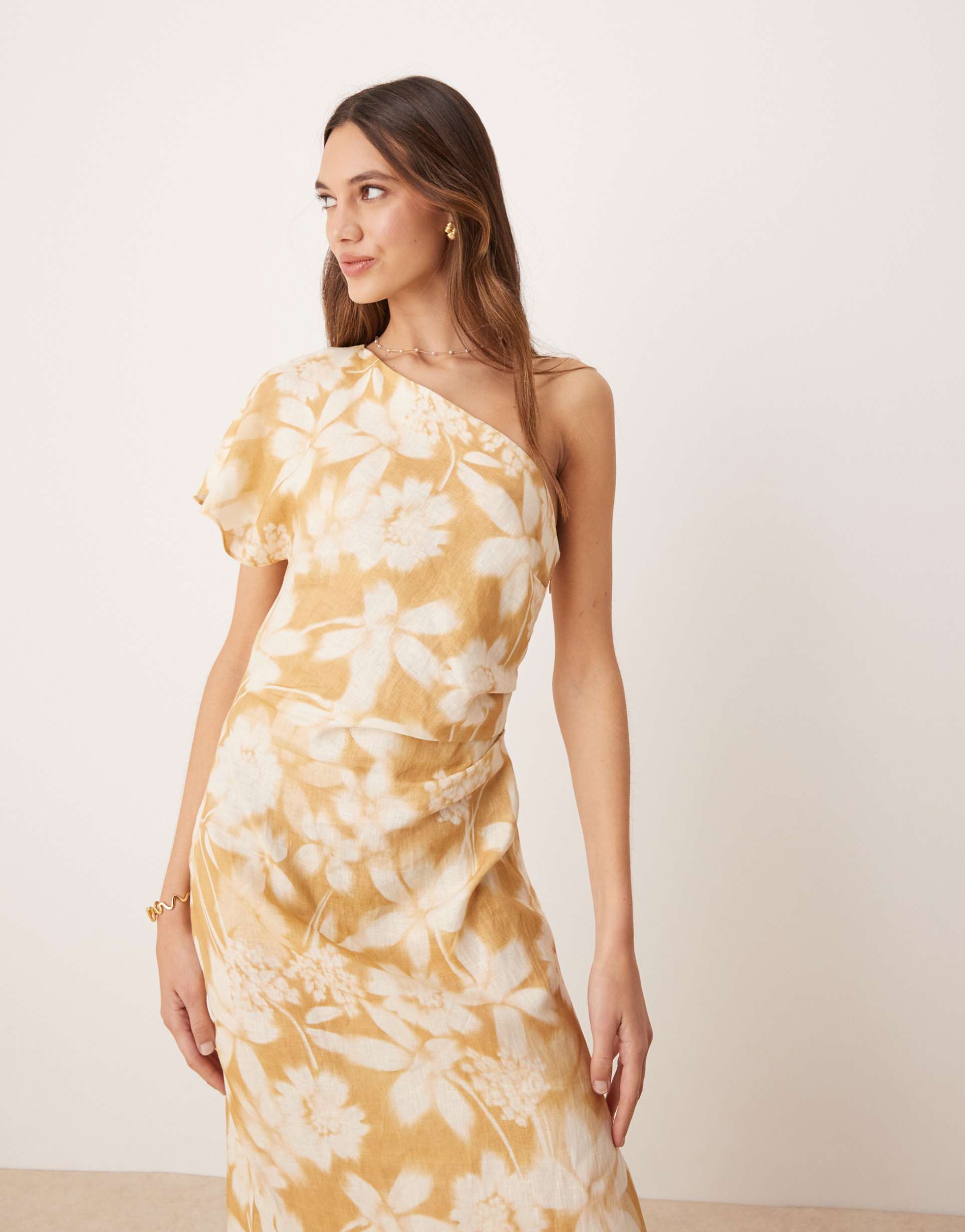 mango one shoulder floral midaxi dress in buttermilk