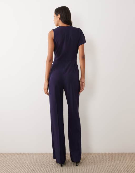 Mango one shoulder jumpsuit in navy, 3 of 4