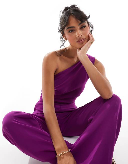 Mango one shoulder jumpsuit in purple