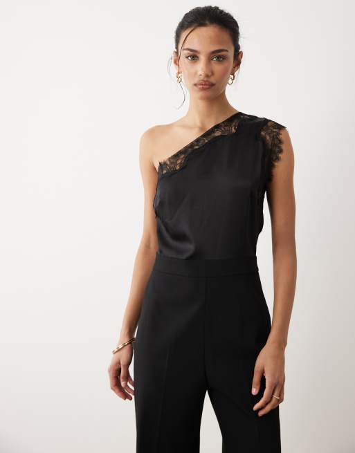 Mango – One-Shoulder-Jumpsuit in Schwarz mit Spitzendetail, 3 von 4