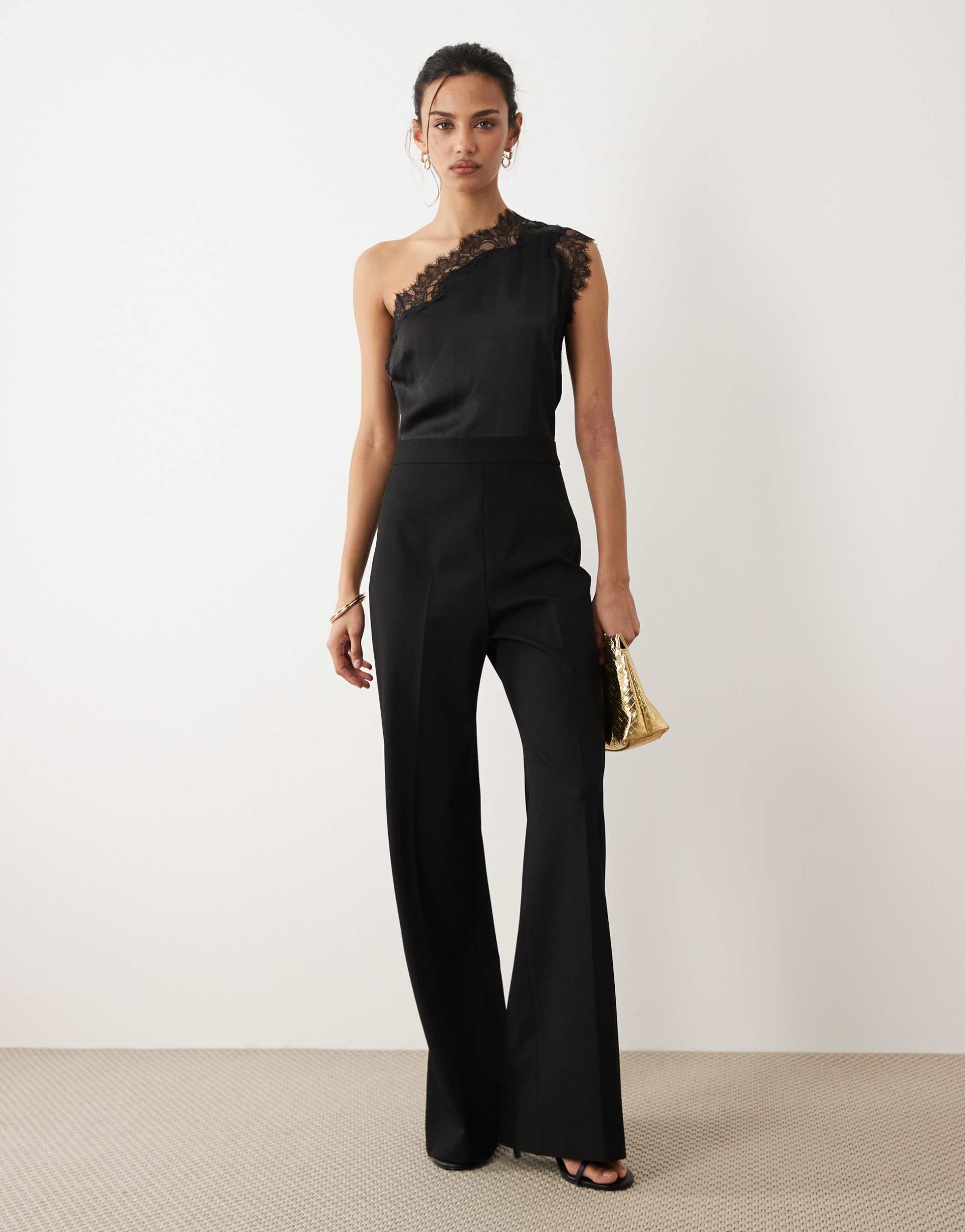 mango one shoulder jumpsuit with lace detail in black