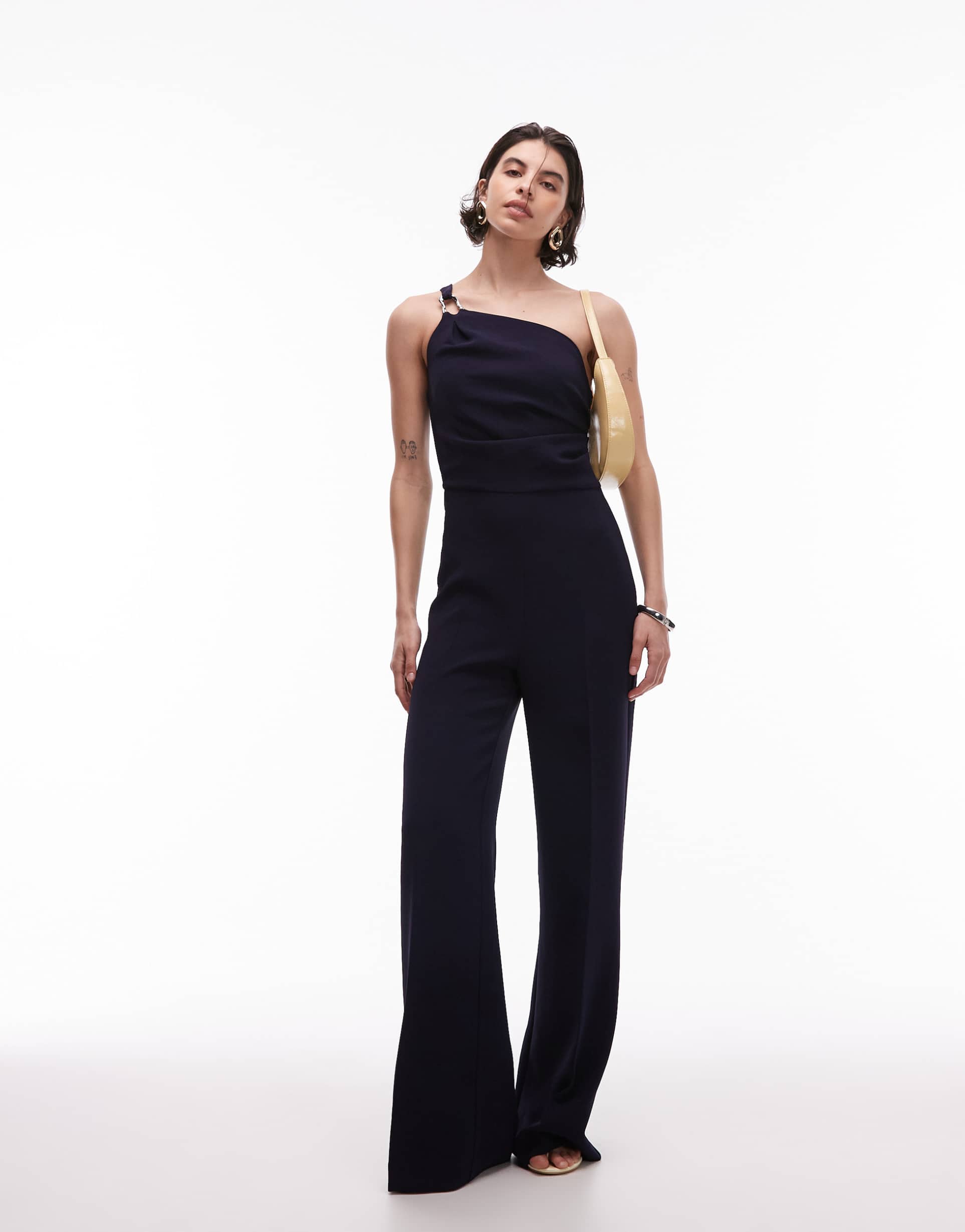 mango one shoulder jumpsuit with ring detail in navy