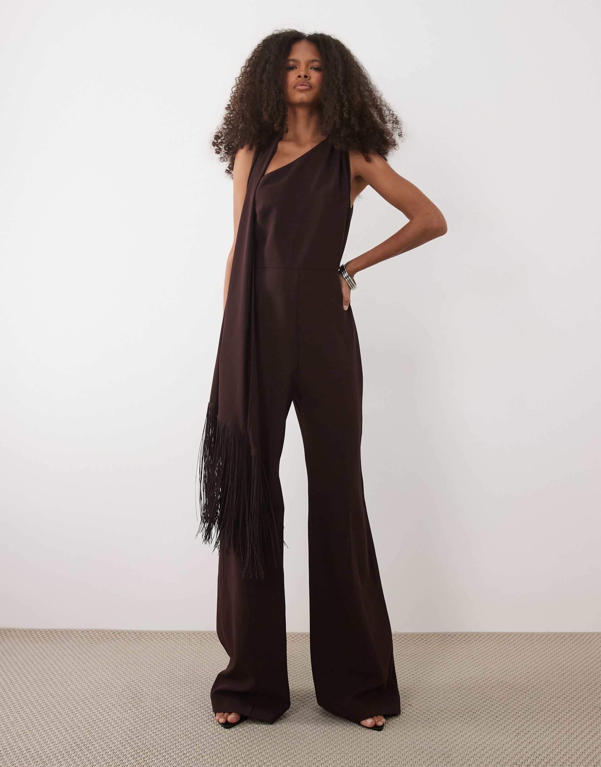 mango one shoulder jumpsuit with tassel scarf in brown