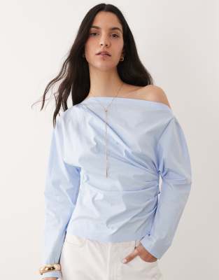 Mango One Shoulder Long Sleeve Cinched Waist Blouse In Blue