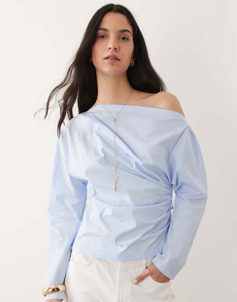 Mango one shoulder long sleeve cinched waist blouse in pale blue - view 1