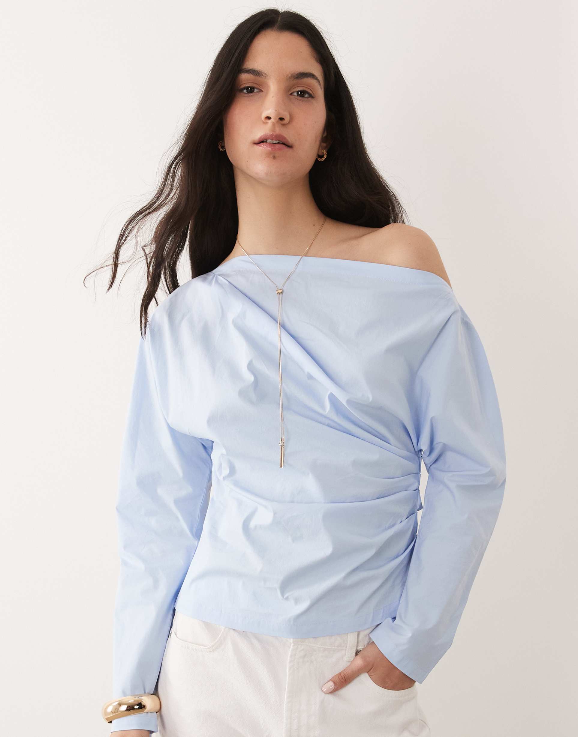mango one-shoulder long sleeve cinched waist blouse in pale blue