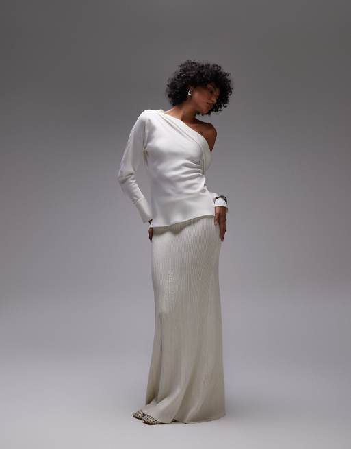 Mango one shoulder long sleeve satin top in white