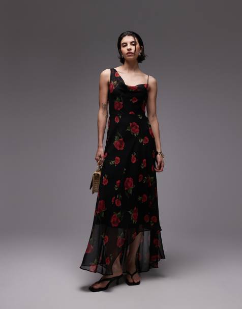 Mango one shoulder maxi dress in black floral print - view 1