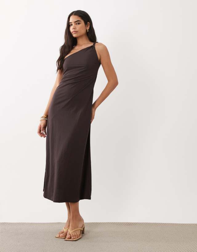 MANGO - Asymmetrical Dress with gathered strap Brown