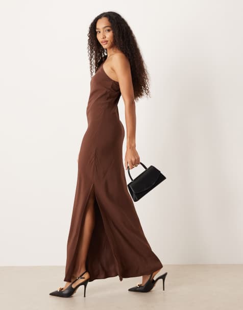 Mango one shoulder maxi dress in chocolate - view 1