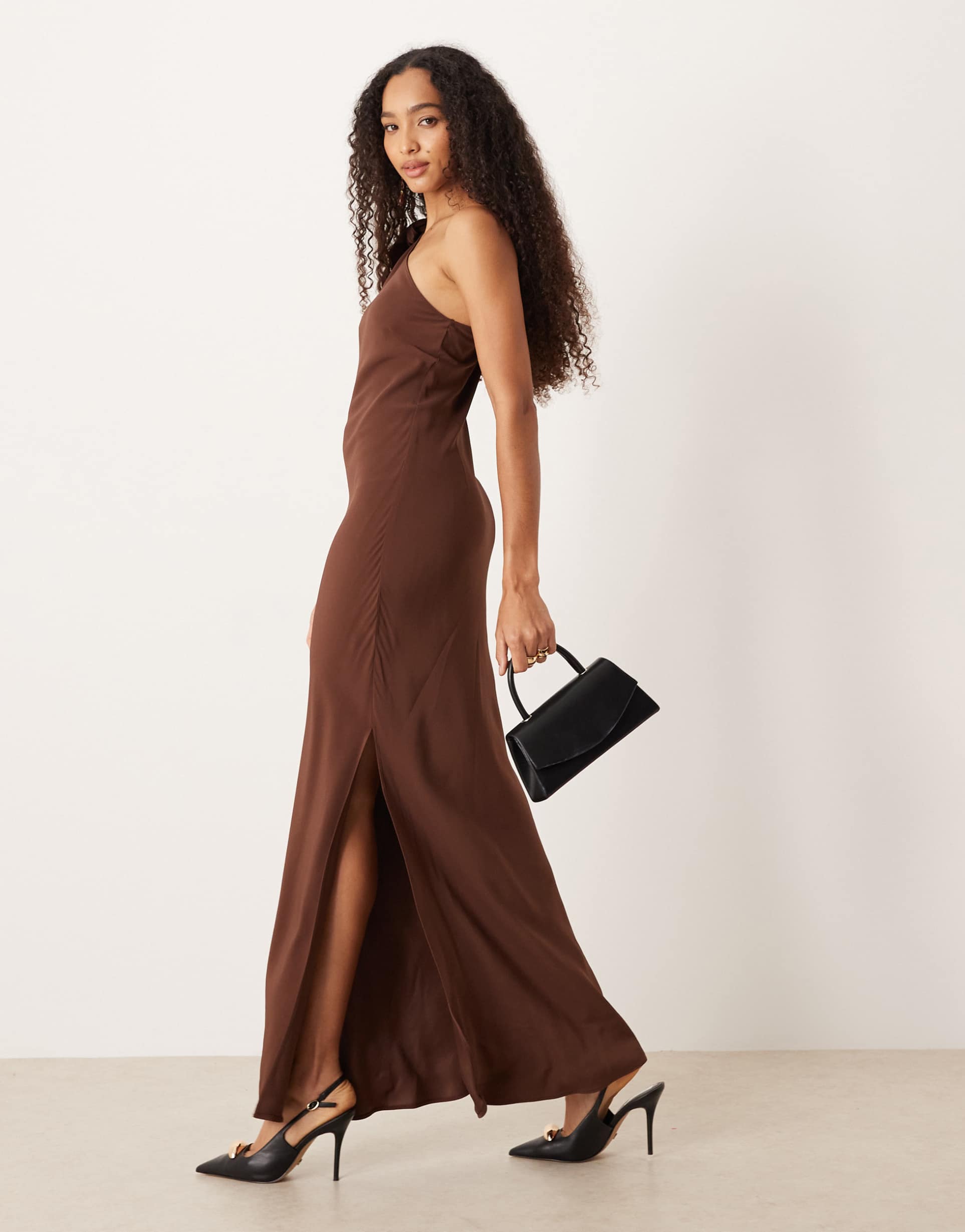 mango one-shoulder maxi dress in chocolate