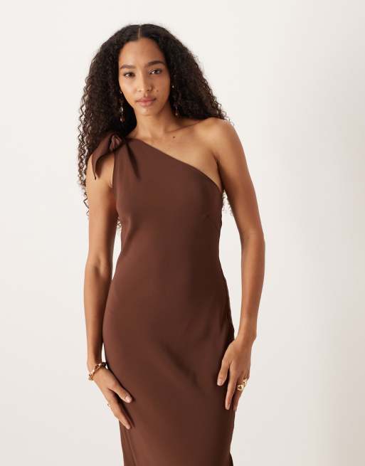 mango brown one shoulder dress BCBGMAXAZRIA Alicia Silk Opaline Green Charmeuse Gown main image 1