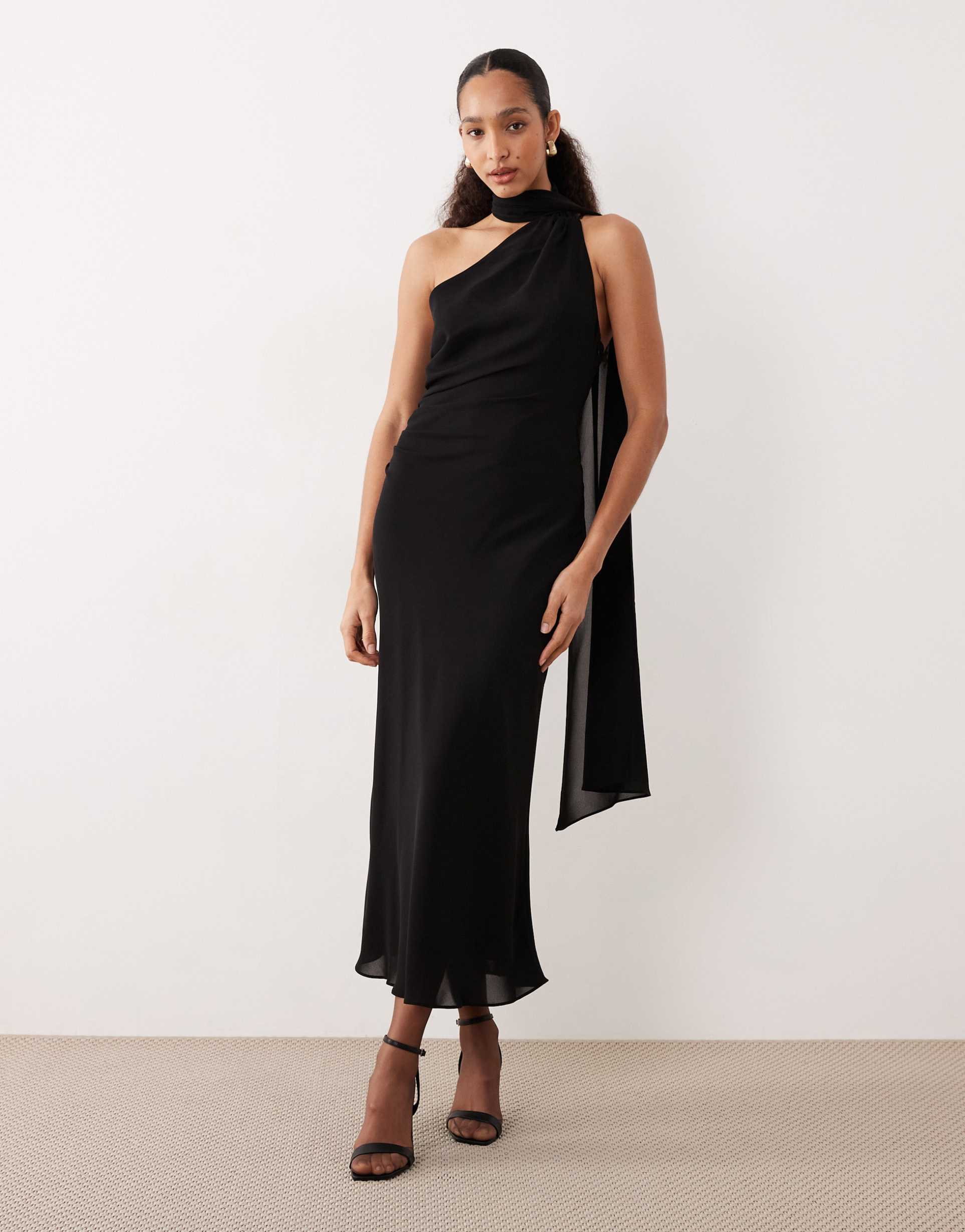 mango one shoulder maxi dress with draped detail in black