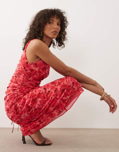 Mango one shoulder maxi dress with ruching detail in red floral print - view 1