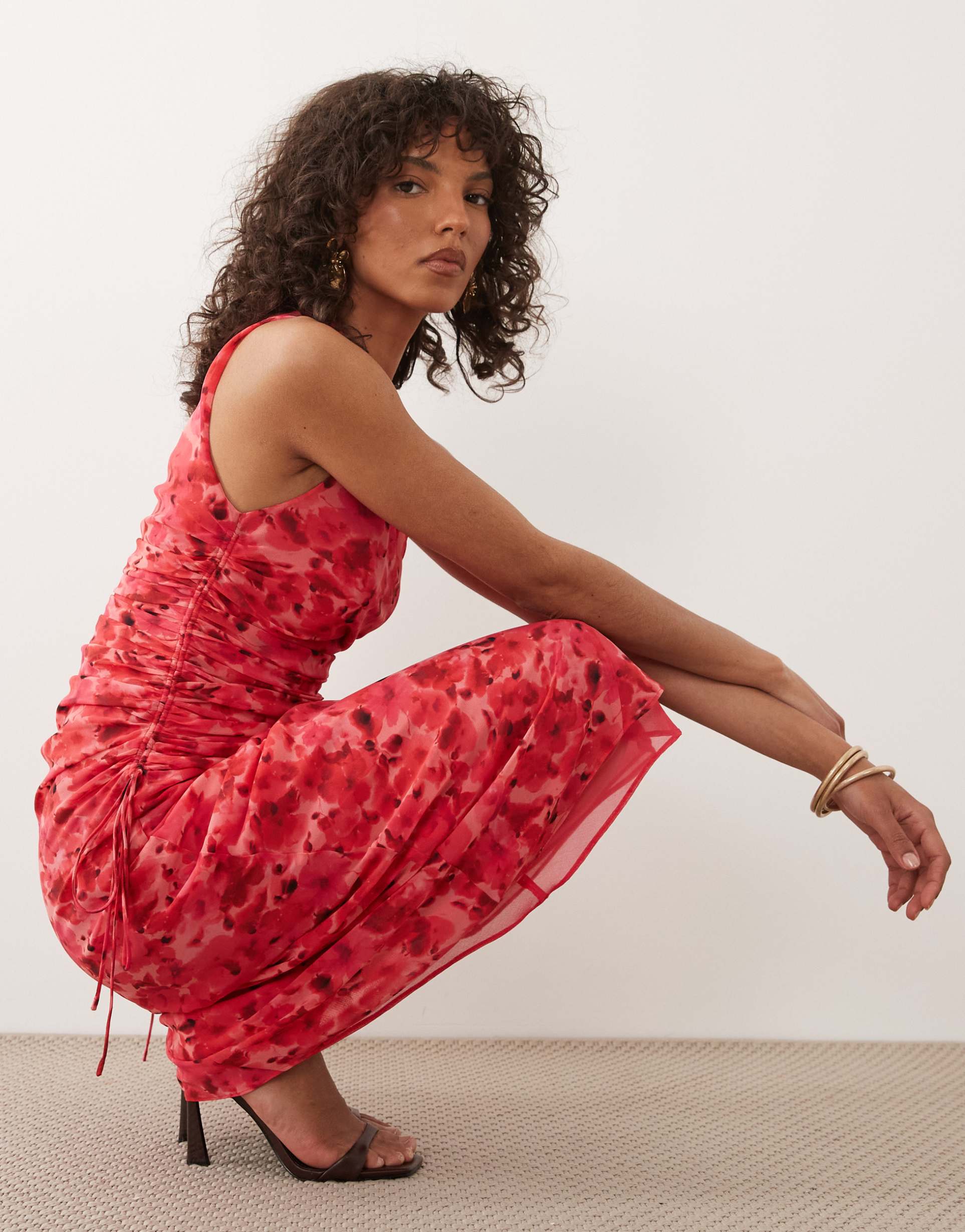 mango one shoulder maxi dress with ruching detail in red floral print