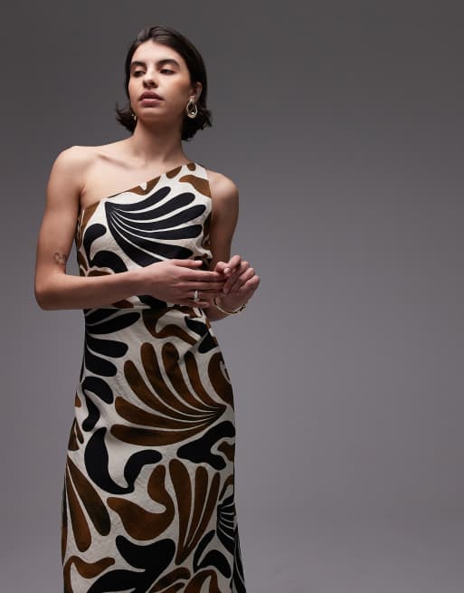 Mango one-shoulder midaxi dress in brown abstract leaf print | ASOS