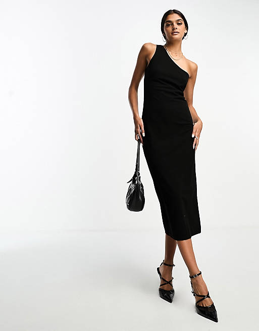 Mango one shoulder midi dress in black | ASOS