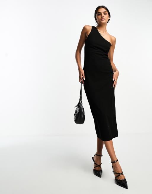 Mango one shoulder midi dress in black | ASOS