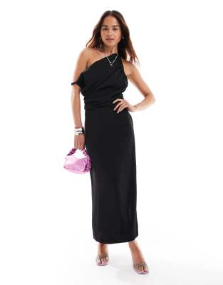 one-shoulder midi dress in black