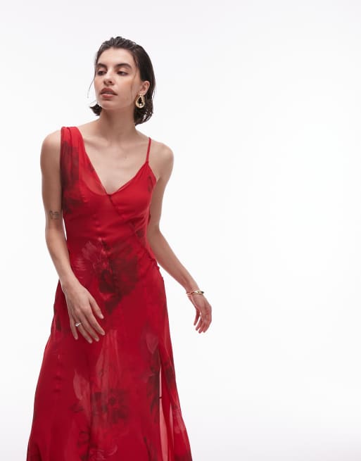 Mango one shoulder midi dress in blurred red floral print , 3 of 4