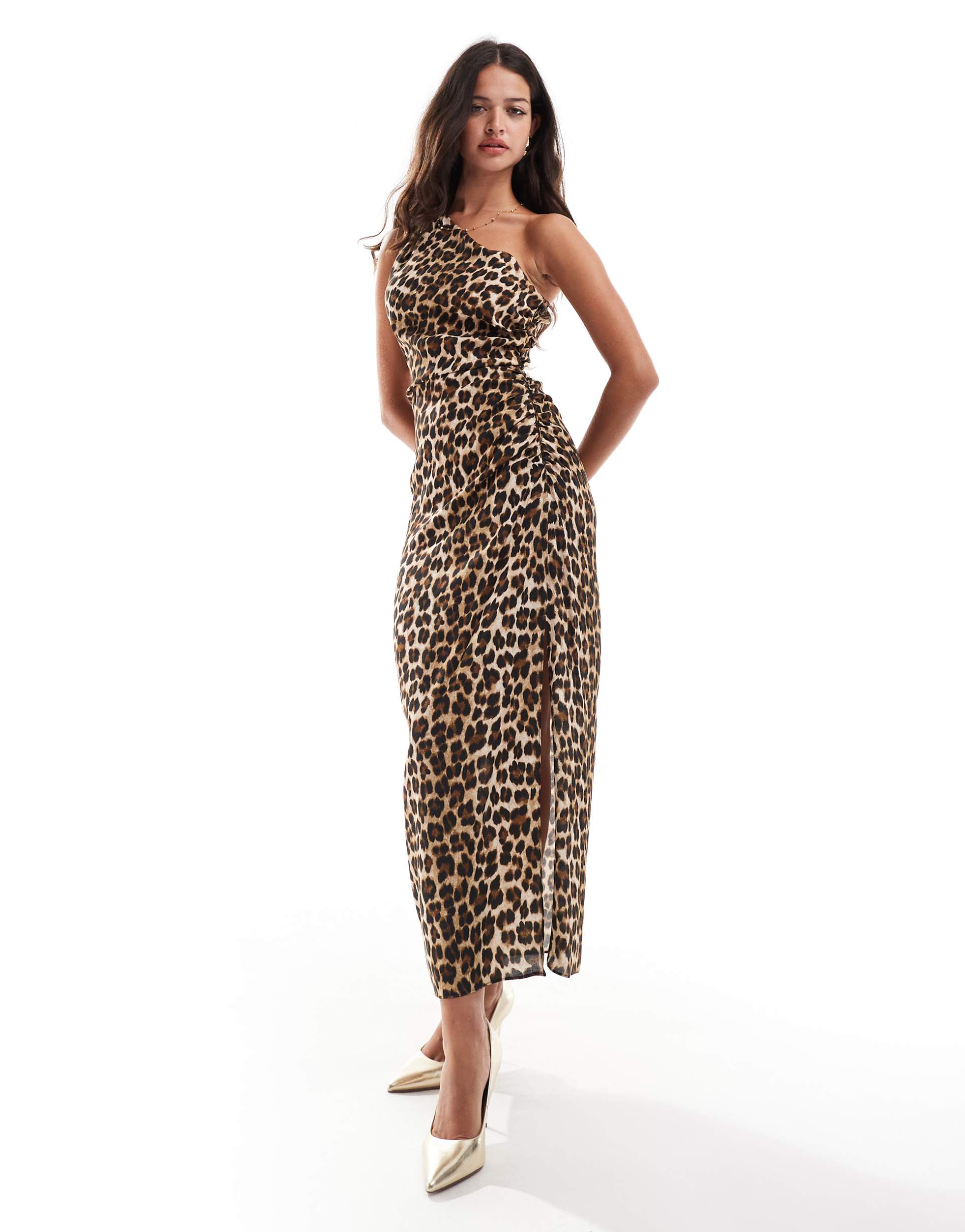 mango one shoulder midi dress in leopard print