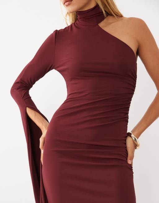 Mango one shoulder midi dress in maroon, 3 of 4