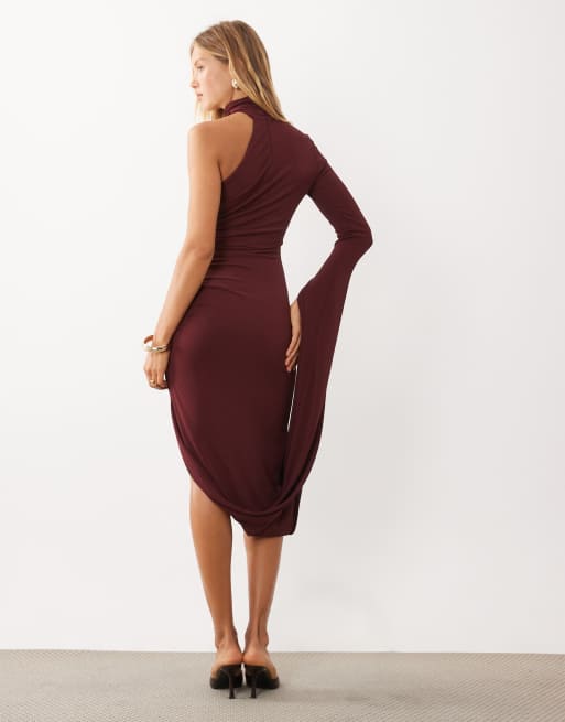 Mango one shoulder midi dress in maroon, 4 of 4