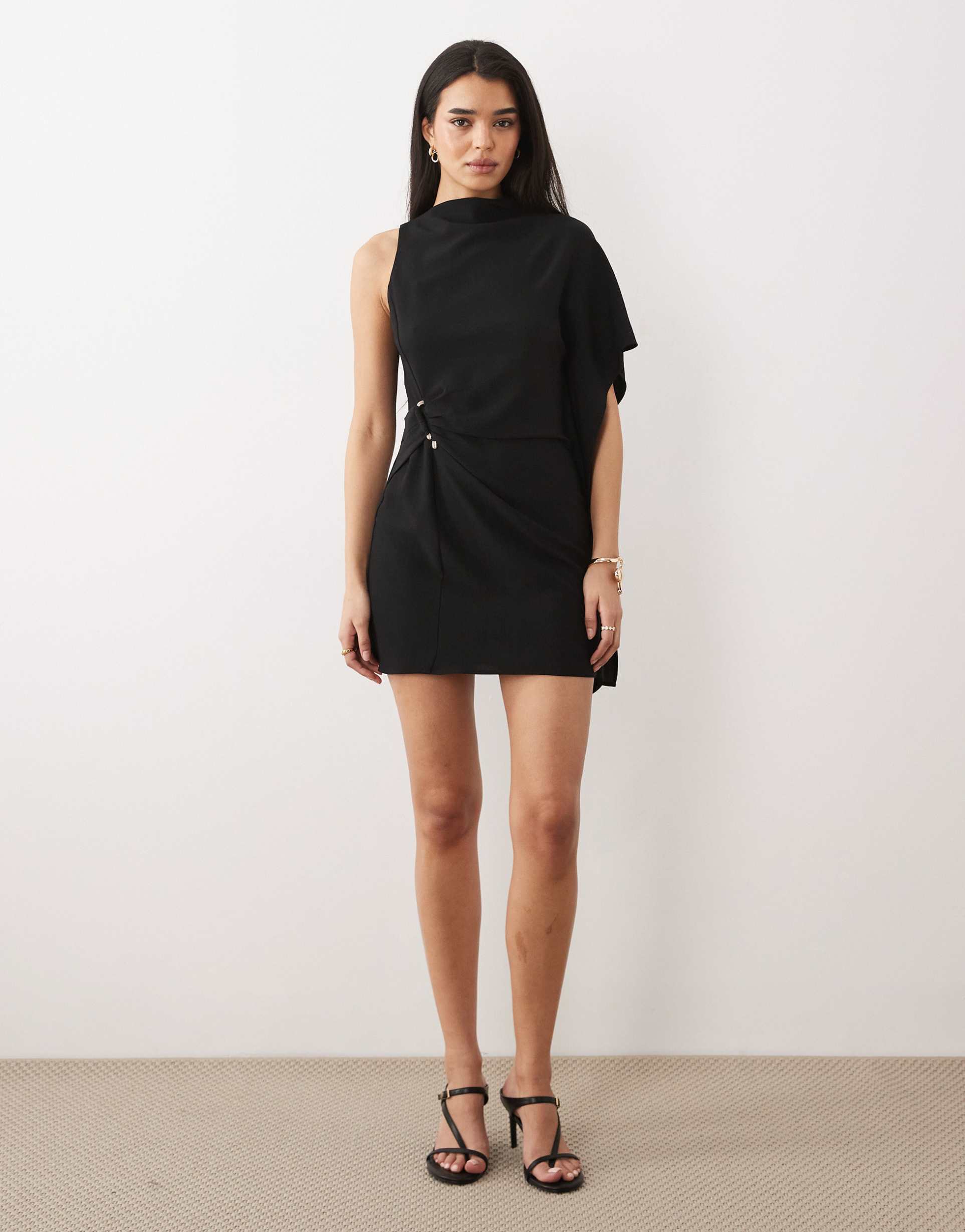 mango one shoulder mini dress with hardware detailing in black
