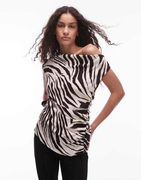 Mango one shoulder mixed zebra print top in white - view 1