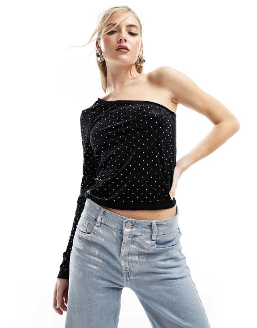 Mango – One-Shoulder-Oberteil in Schwarz mit Hotfix-Verzierung