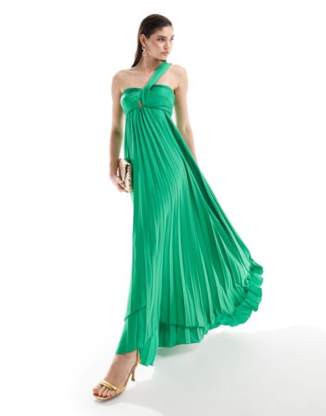 Mango one shoulder pleated maxi dress in green - view 1