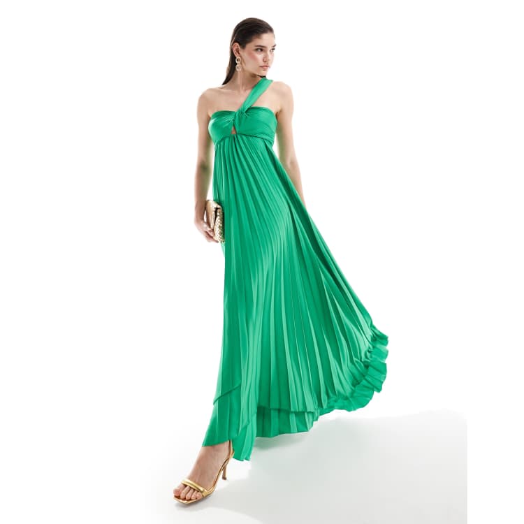 Mango one shoulder pleated maxi dress in green