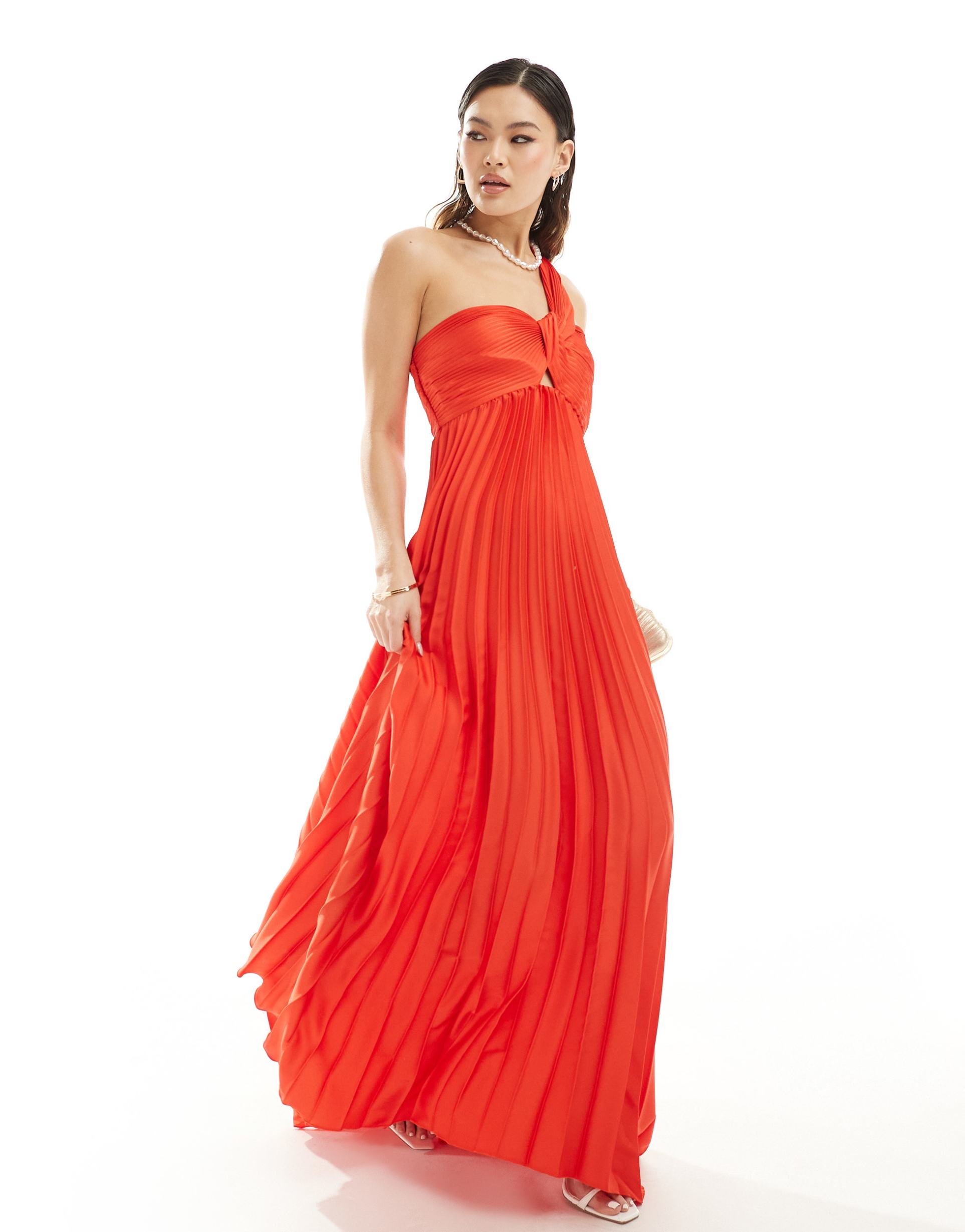 mango one shoulder pleated maxi dress in red