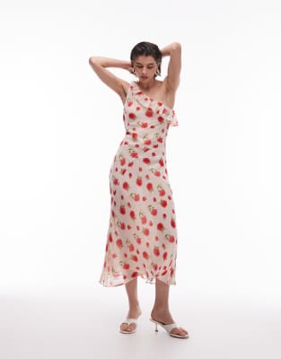 mango one shoulder rose floral dress in light pink