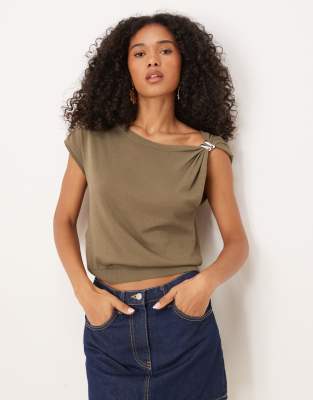 Mango One Shoulder Ruched Detail T-shirt In Brown