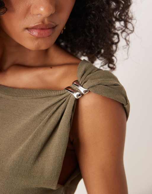 Mango one shoulder ruched detail t-shirt in brown, 2 of 4