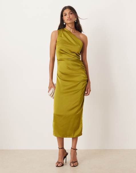 Mango one shoulder ruched side midi dress in green - view 1