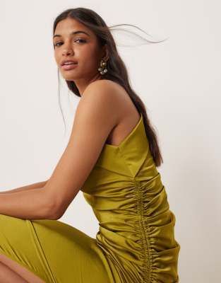 Mango One Shoulder Ruched Side Midi Dress In Green