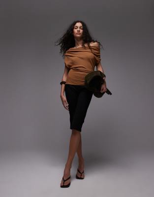 Shop Mango One-shoulder Ruched Top In Brown