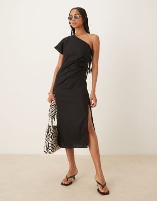 Mango One Shoulder Ruched Waist Linen Dress